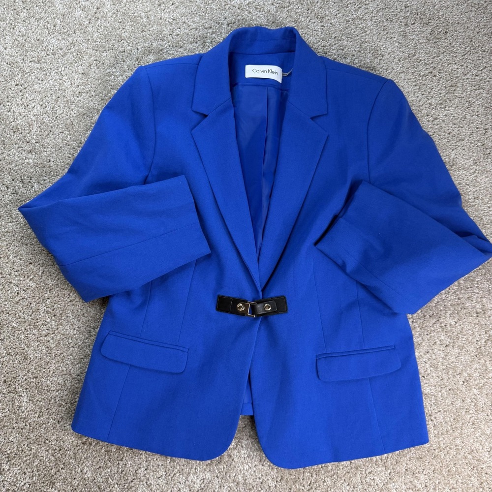 Calvin Klein Womens Med Blue Hook Front Blazer Jacket Lined Office Career Wear